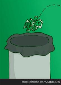 Cartoon illustration of dollar bill or obsolete currency thrown as garbage bin waste