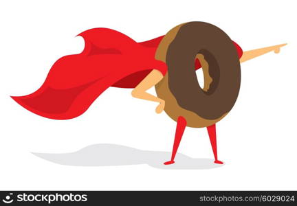 Cartoon illustration of donut super hero standing with cape