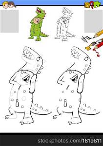 Cartoon illustration of drawing and coloring educational activity for children with boy in dinosaur costume