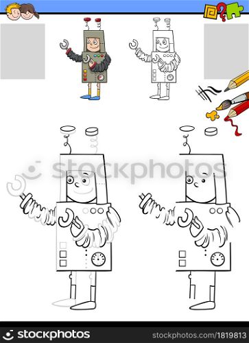 Cartoon illustration of drawing and coloring educational activity for children with boy in robot costume