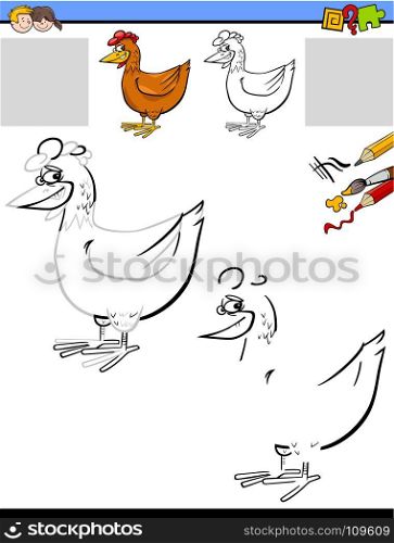 Cartoon Illustration of Drawing and Coloring Educational Activity for Children with Chicken Bird Animal Character