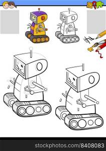 Cartoon illustration of drawing and coloring educational activity for children with comic robot character