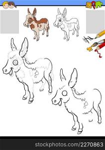 Cartoon illustration of drawing and coloring educational activity for children with donkey farm animal character