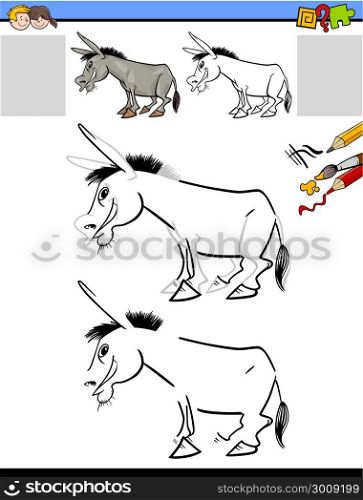 Cartoon Illustration of Drawing and Coloring Educational Activity for Children with Donkey Farm Animal Character