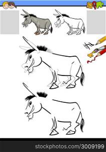 Cartoon Illustration of Drawing and Coloring Educational Activity for Children with Donkey Farm Animal Character
