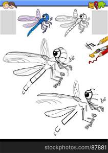 Cartoon Illustration of Drawing and Coloring Educational Activity for Children with Dragonfly Insect Animal Character