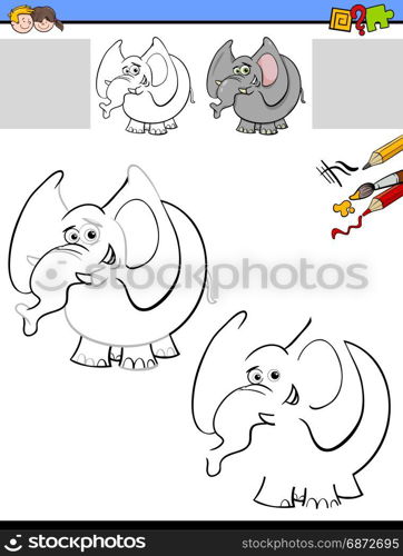 Cartoon Illustration of Drawing and Coloring Educational Activity for Children with Elephant Animal Character