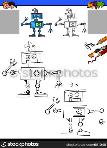 Cartoon Illustration of Drawing and Coloring Educational Activity for Children with Funny Robot or Droid Character