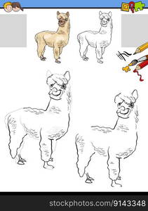 Cartoon illustration of drawing and coloring educational activity for children with funny llama or alpaca animal character