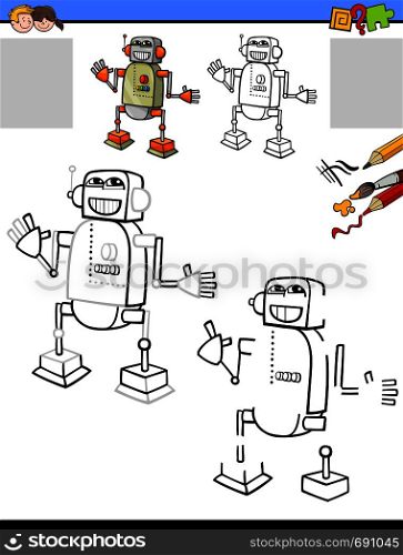 Cartoon Illustration of Drawing and Coloring Educational Activity for Children with Funny Robot Character