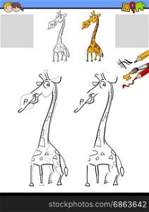 Cartoon Illustration of Drawing and Coloring Educational Activity for Children with Giraffe Animal Character