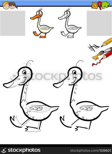 Cartoon Illustration of Drawing and Coloring Educational Activity for Children with Goose Bird Animal Character