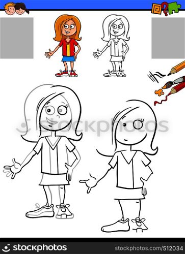 Cartoon Illustration of Drawing and Coloring Educational Activity for Children with Happy Girl Character