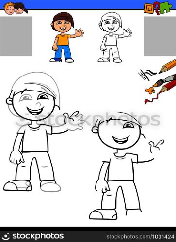 Cartoon Illustration of Drawing and Coloring Educational Activity for Children with Happy Little Boy Character