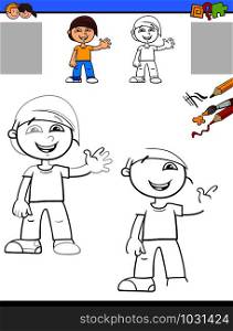 Cartoon Illustration of Drawing and Coloring Educational Activity for Children with Happy Little Boy Character