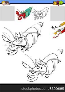 Cartoon Illustration of Drawing and Coloring Educational Activity for Children with Hermit Crab Animal Character