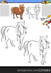 Cartoon illustration of drawing and coloring educational activity for children with horse or pony farm animal character