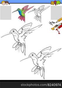 Cartoon illustration of drawing and coloring educational activity for children with hummingbird bird animal character