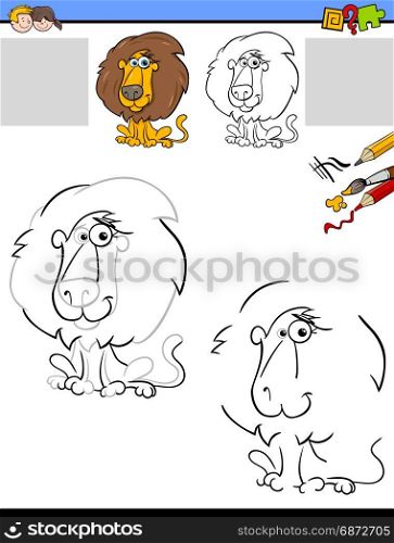 Cartoon Illustration of Drawing and Coloring Educational Activity for Children with Lion Animal Character