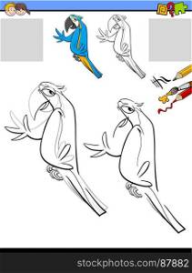 Cartoon Illustration of Drawing and Coloring Educational Activity for Children with Macaw Parrot Bird Animal Character