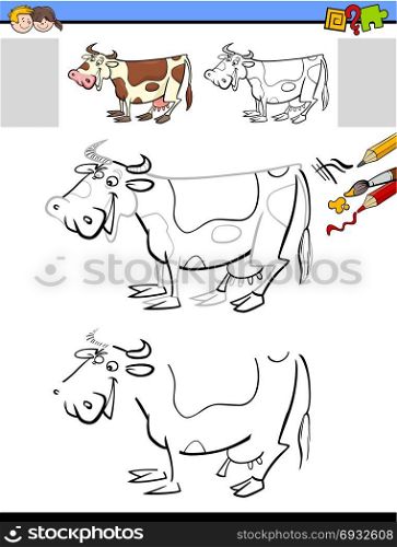 Cartoon Illustration of Drawing and Coloring Educational Activity for Children with Milker Cow Farm Animal Character