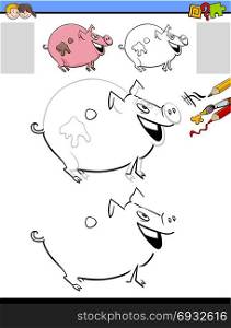 Cartoon Illustration of Drawing and Coloring Educational Activity for Children with Milker Pig Farm Animal Character