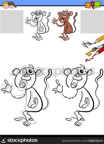 Cartoon Illustration of Drawing and Coloring Educational Activity for Children with Monkey Animal Character