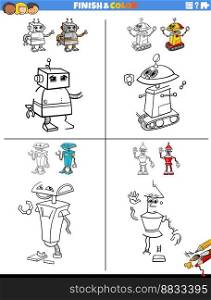 Cartoon illustration of drawing and coloring educational activity for children with robot characters