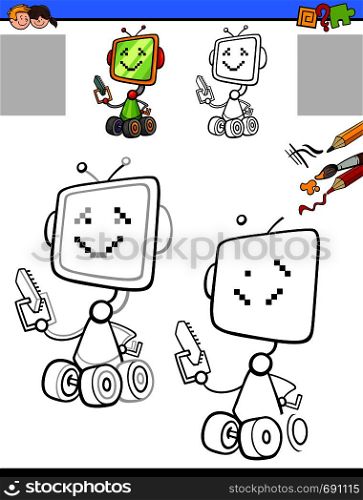 Cartoon Illustration of Drawing and Coloring Educational Activity for Children with Robot or Droid Character