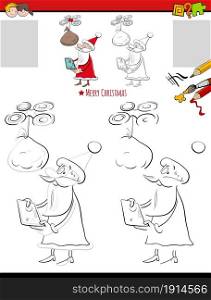Cartoon illustration of drawing and coloring educational activity for children with Santa Claus with drone and sack of Christmas presents
