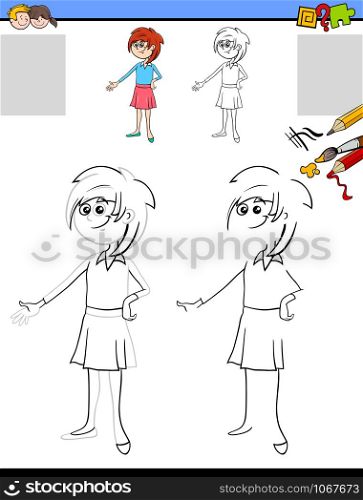 Cartoon Illustration of Drawing and Coloring Educational Activity for Children with Young Girl Character