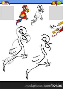 Cartoon Illustration of Drawing and Coloring Educational Activity for Kids with Macaw Parrot Bird Animal Character