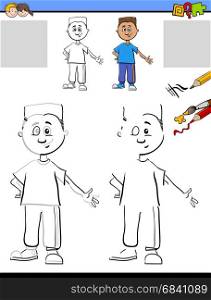 Cartoon Illustration of Drawing and Coloring Educational Activity for Preschool with Boy Character