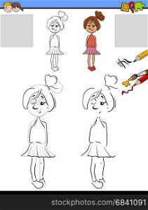 Cartoon Illustration of Drawing and Coloring Educational Activity for Preschool with Girl Character