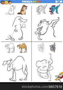 Cartoon illustration of drawing and coloring educational worksheet with funny animal characters