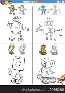 Cartoon illustration of drawing and coloring educational worksheets set with robots characters