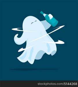 Cartoon illustration of drunk ghost holding a bottle