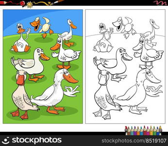 Cartoon illustration of ducks birds farm animal characters coloring page