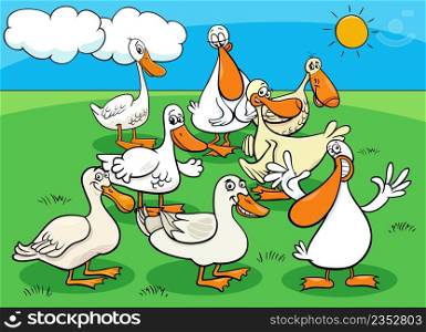 Cartoon illustration of ducks birds farm animal characters group