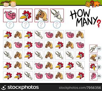 Cartoon Illustration of Education Counting Game for Preschool Children with Farm Animals