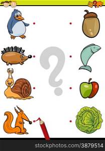 Cartoon Illustration of Education Element Matching Game for Preschool Children with Animals and their Favorite Food
