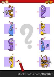 Cartoon Illustration of Education Halves Matching Game for Preschool Children
