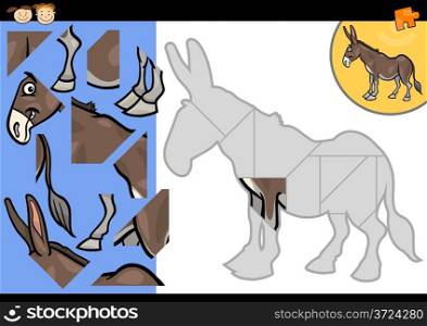 Cartoon Illustration of Education Jigsaw Puzzle Game for Preschool Children with Funny Donkey Farm Animal