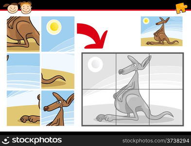 Cartoon Illustration of Education Jigsaw Puzzle Game for Preschool Children with Funny Kangaroo Animal