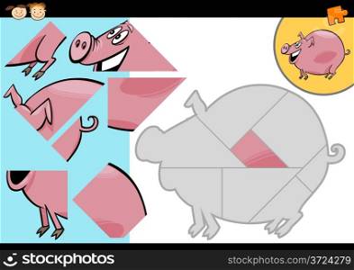 Cartoon Illustration of Education Jigsaw Puzzle Game for Preschool Children with Funny Pig Farm Animal