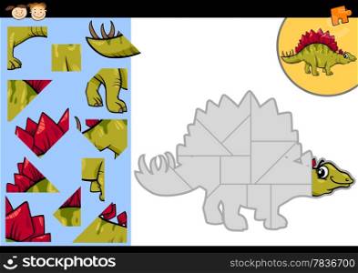 Cartoon Illustration of Education Jigsaw Puzzle Game for Preschool Children with Funny Stegosaurus Dinosaur Character
