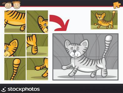 Cartoon Illustration of Education Jigsaw Puzzle Game for Preschool Children with Funny Tiger Animal