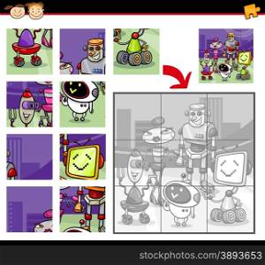 Cartoon Illustration of Education Jigsaw Puzzle Game for Preschool Children with Robots Characters Group