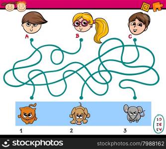 Cartoon Illustration of Education Kindergarten Paths or Maze Puzzle Task for Preschoolers with Children and Pets