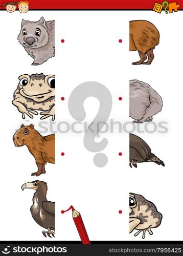Cartoon Illustration of Education Match Halves Task for Preschool Children with Wild Animal Characters